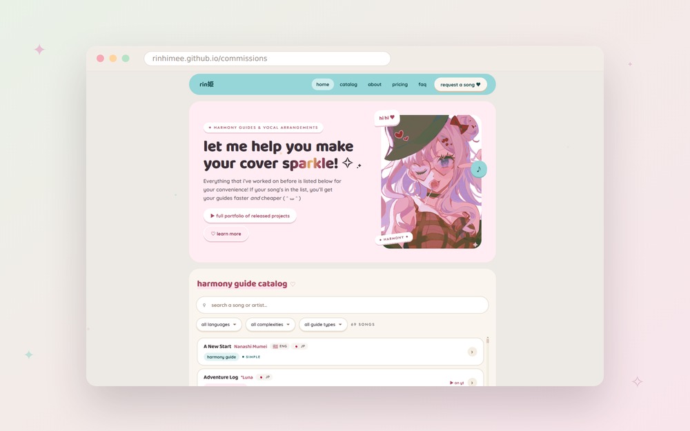 rin姫 commission site — the harmony guide catalog with search and language, complexity, and guide-type filters